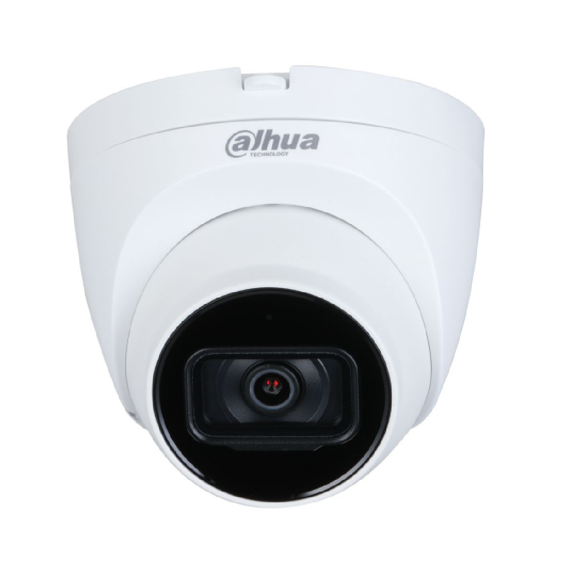 Biała kamera kopułkowa z czarną obudową obiektywu i logo.