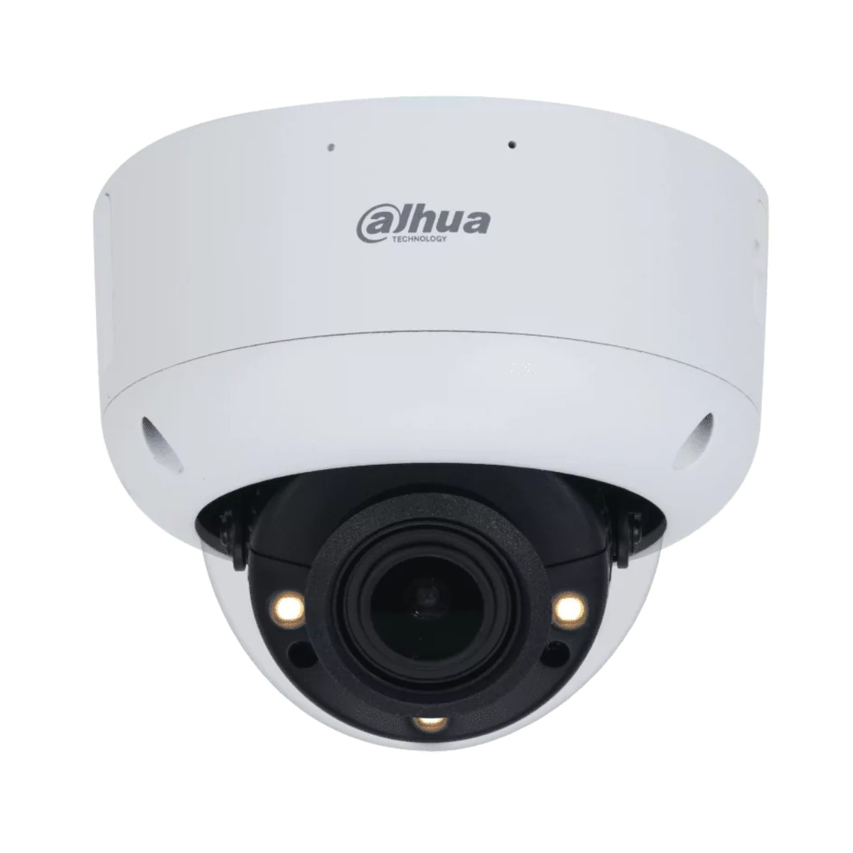 Witte beveiligingscamera met lichten, zwarte lens.