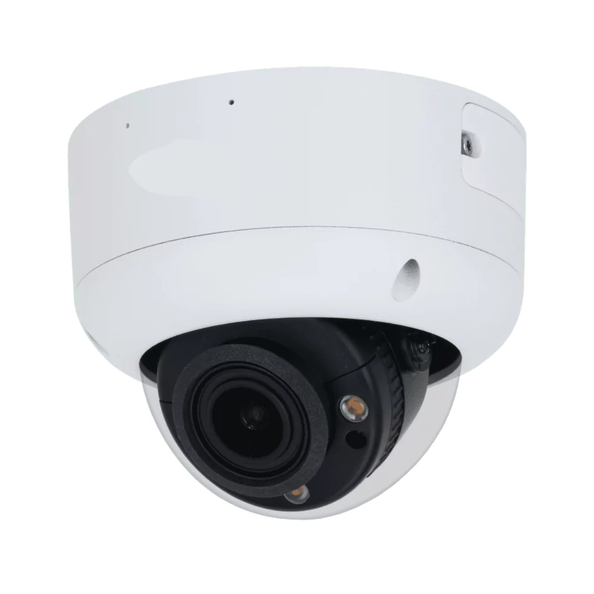 Witte domecamera met zwarte lens en een gebogen witte behuizing.