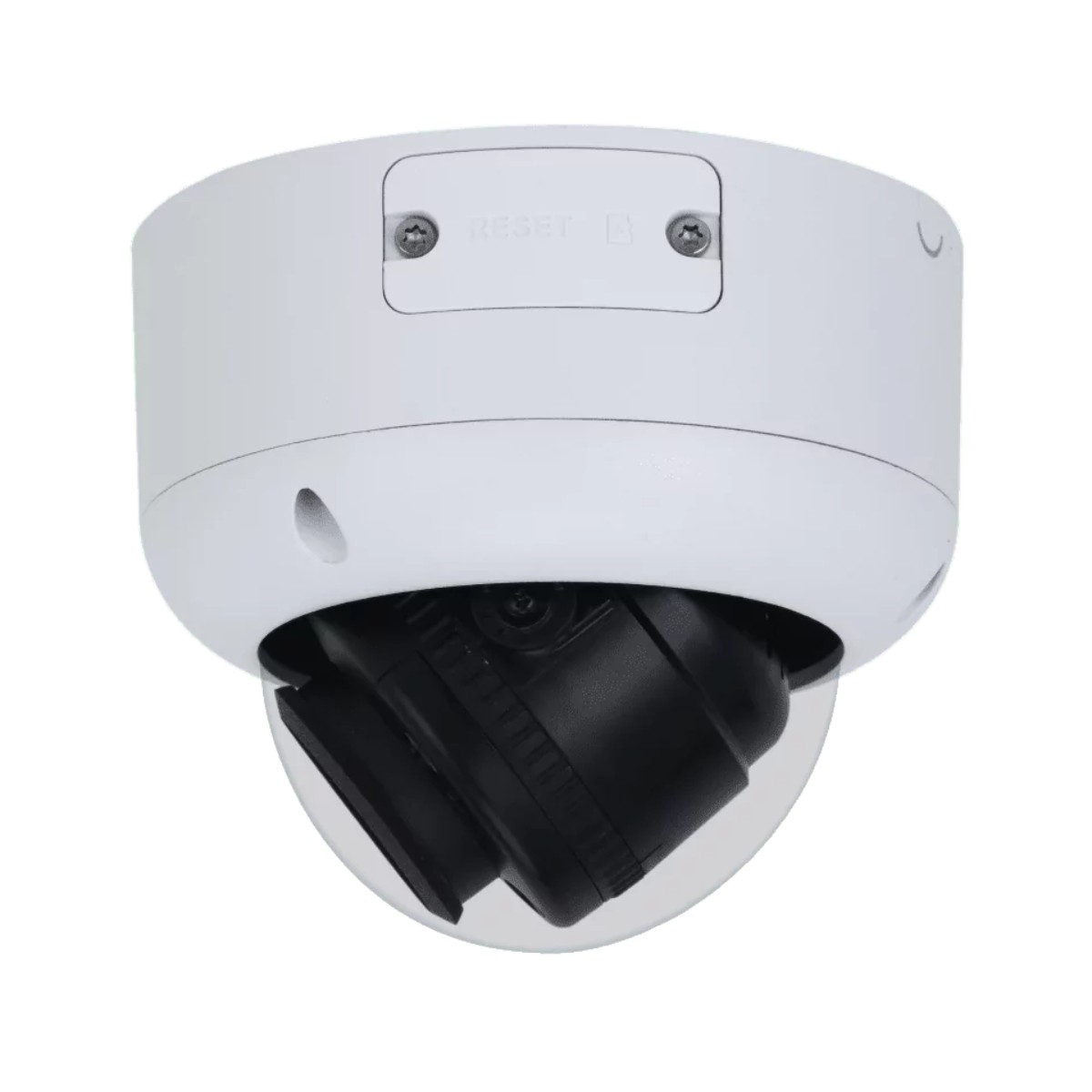 Witte koepel beveiligingscamera met een zwarte lens.