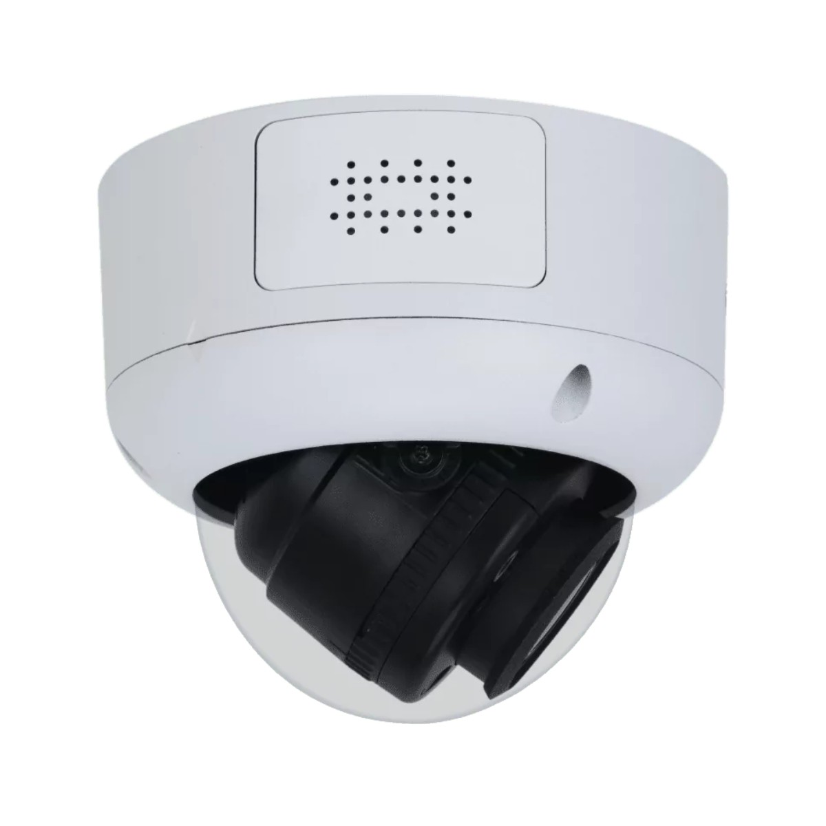 Witte koepel beveiligingscamera met een zwarte lens.