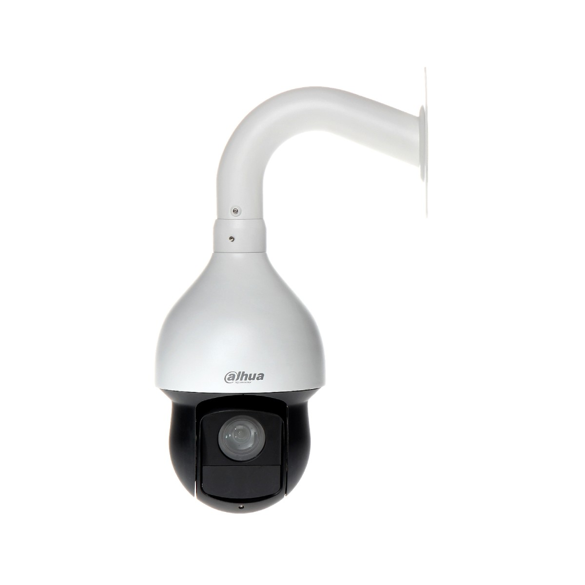 Telecamera di sicurezza Dahua bianca con braccio curvo, lente nera, su sfondo bianco.