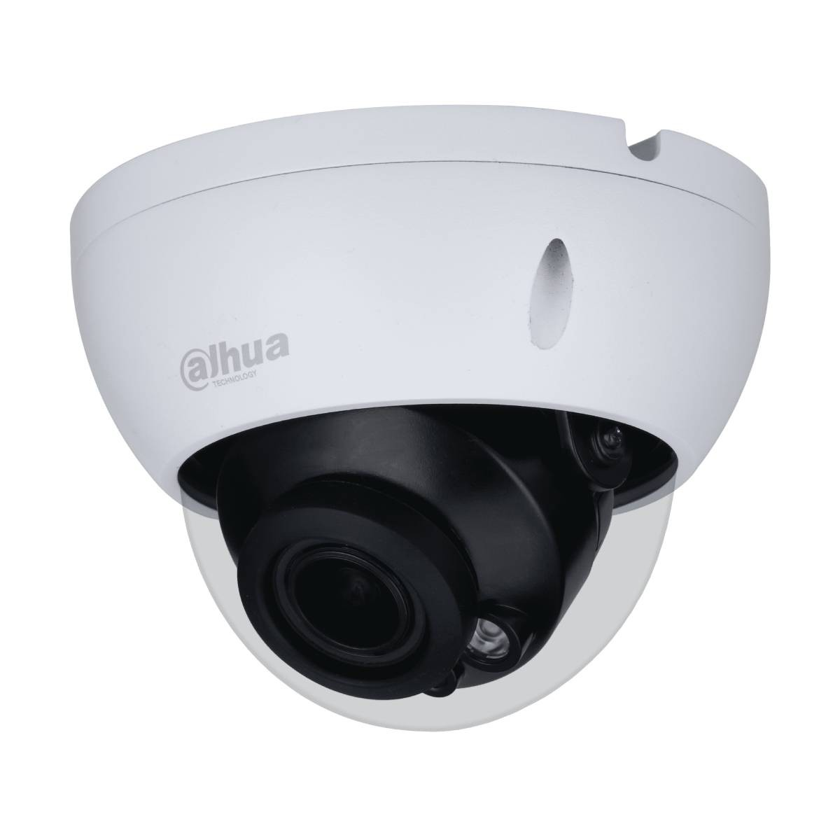 Witte Dahua dome beveiligingscamera met zwarte lens, op witte achtergrond.