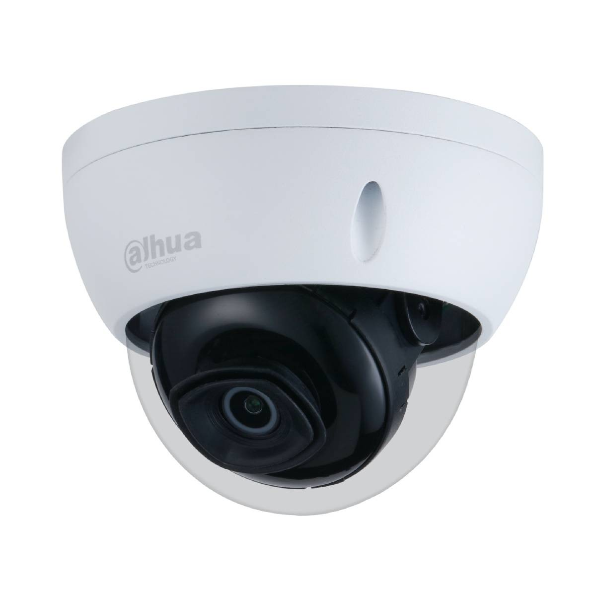 Telecamera a cupola Dahua bianca, lente nera, su sfondo bianco.