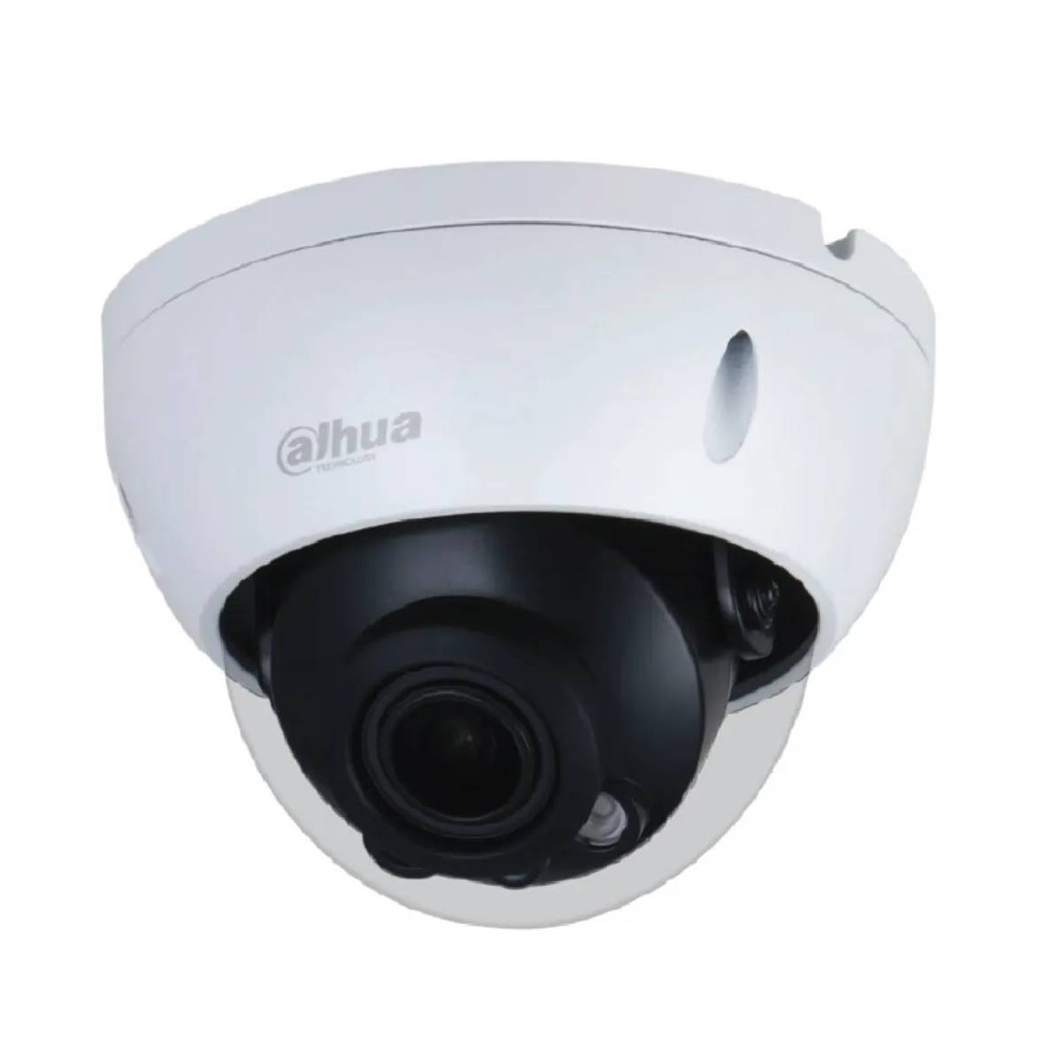 Witte dome-beveiligingscamera, zwarte lens, 'Dahua'-logo. Voor beveiliging.