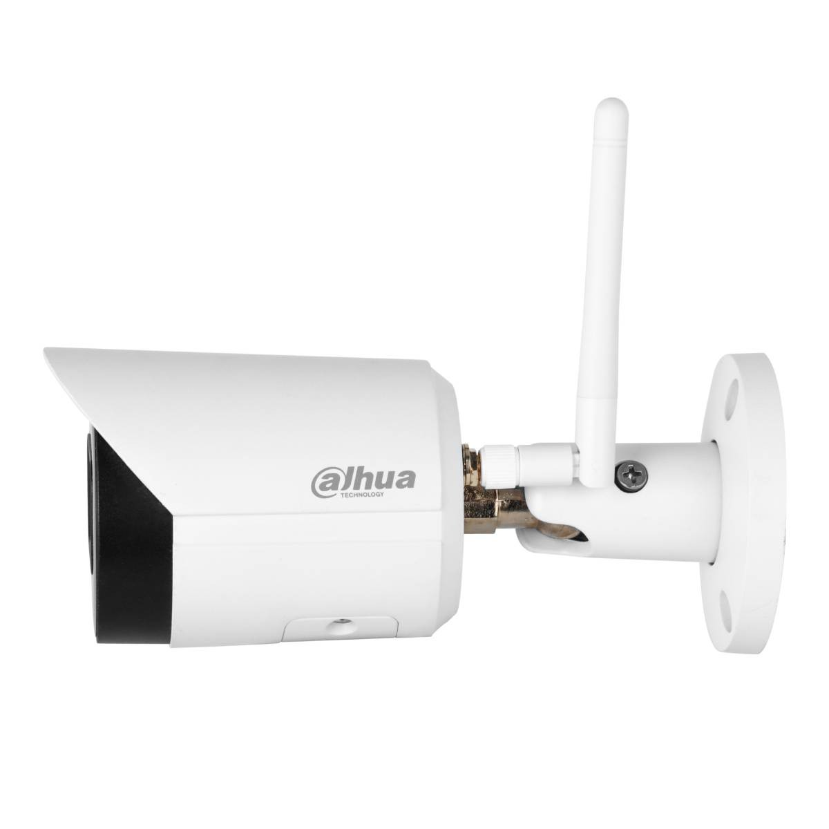 White security camera with antenna, 'Dahua' logo. Mounted on a white wall.