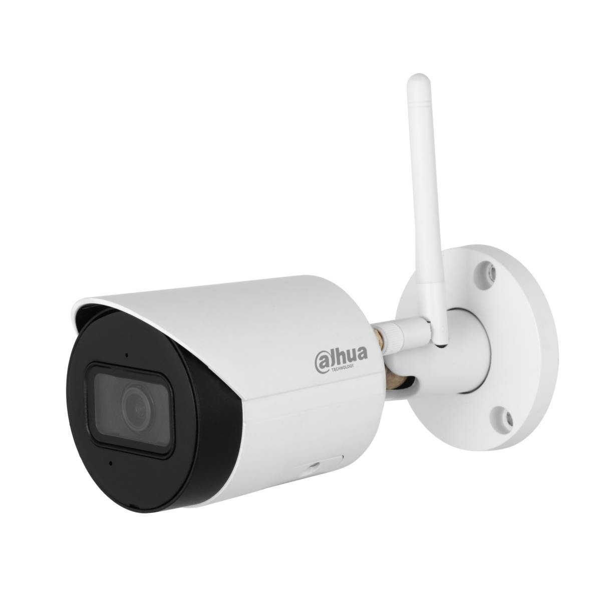 White security camera with a black lens and antenna. It is mounted on a white surface.