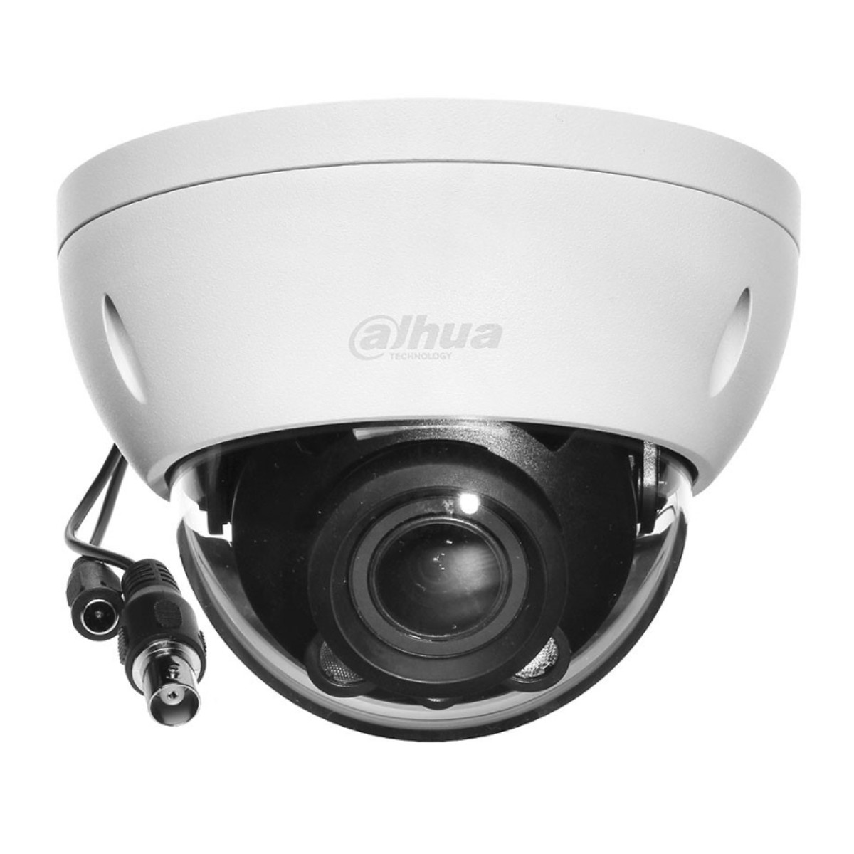 Witte Dahua dome camera met zwarte lens, stroom- en videokabels, op wit.