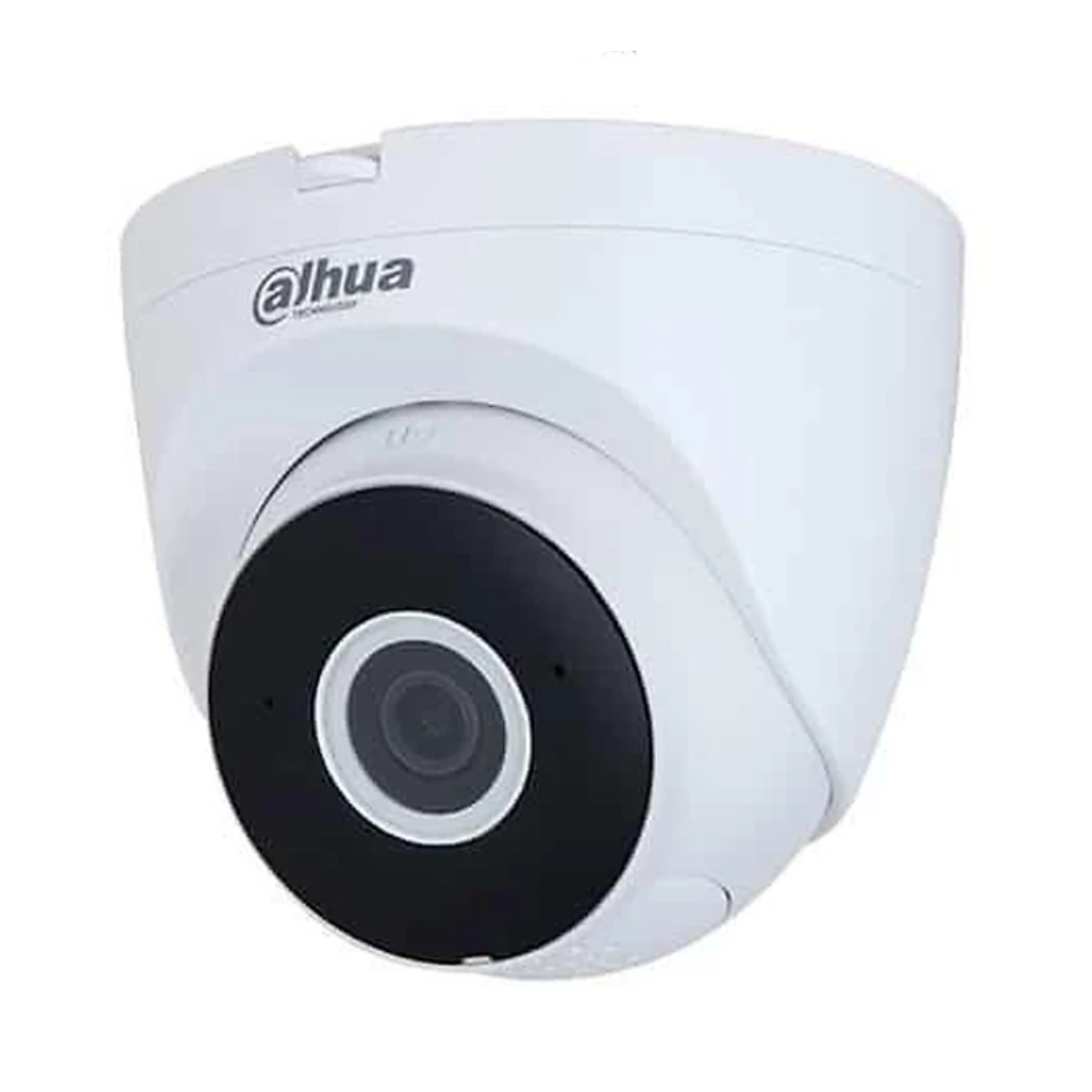 White dome security camera with black lens, logo. White background.