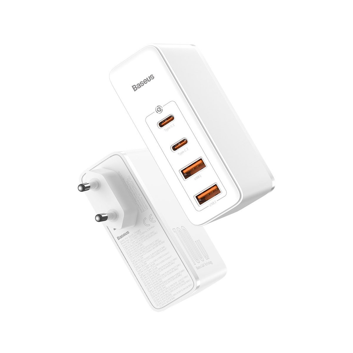 Białe ładowarki, z portami Type-C i USB. Marka 'Baseus'. Widok pod kątem, czysty.