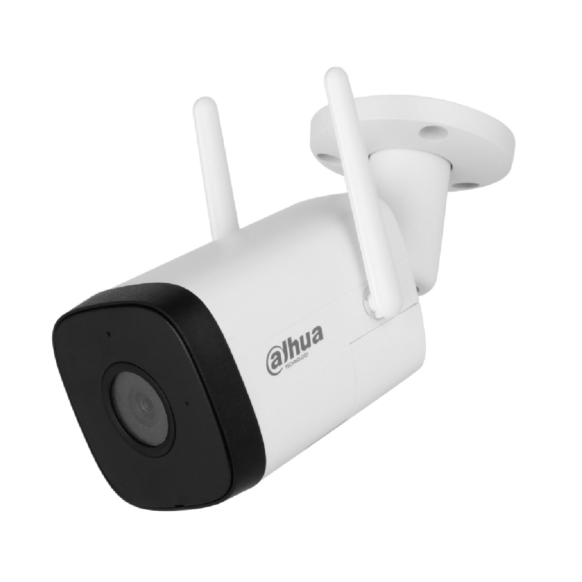 Telecamera di sicurezza Dahua bianca con antenne, obiettivo nero, su sfondo bianco.