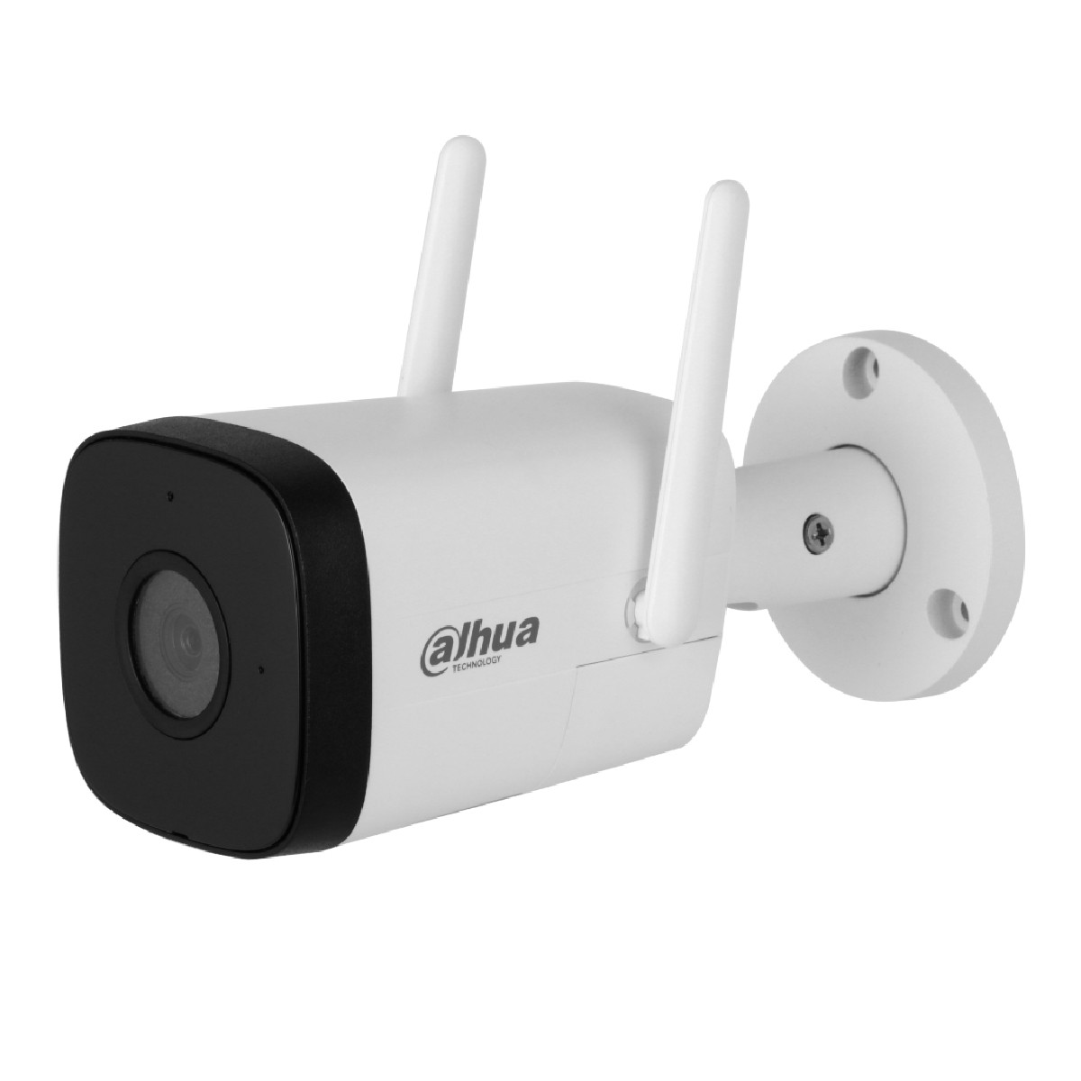 Telecamera di sicurezza bianca con due antenne, logo 'Dahua'. Lente nera, supporto a parete bianco.