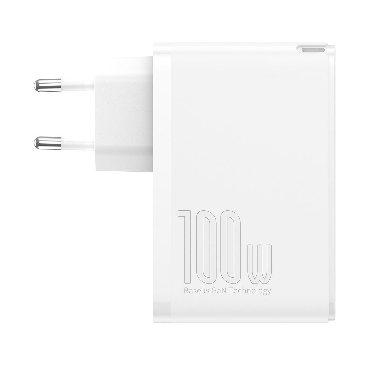 Biała ładowarka Baseus GaN 100W z dwoma bolcami.