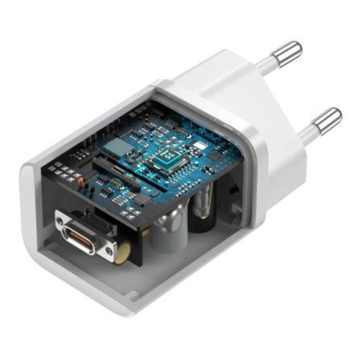 Widok wewnętrzny białej ładowarki z widocznymi elementami. Wyświetlany jest port.