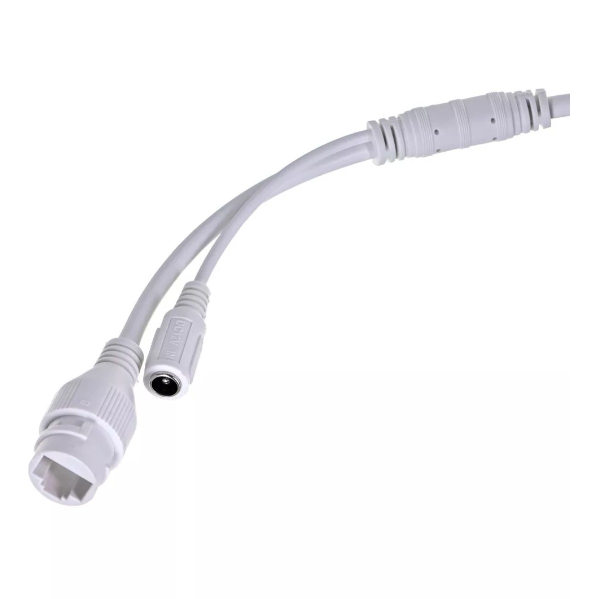 Cavo bianco con due connettori, uno per DC 12V IN e uno per Ethernet.