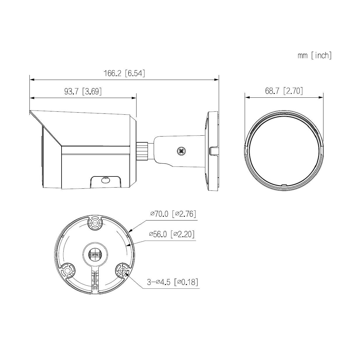 Disegno tecnico di una telecamera di sicurezza con dimensioni in mm e pollici.