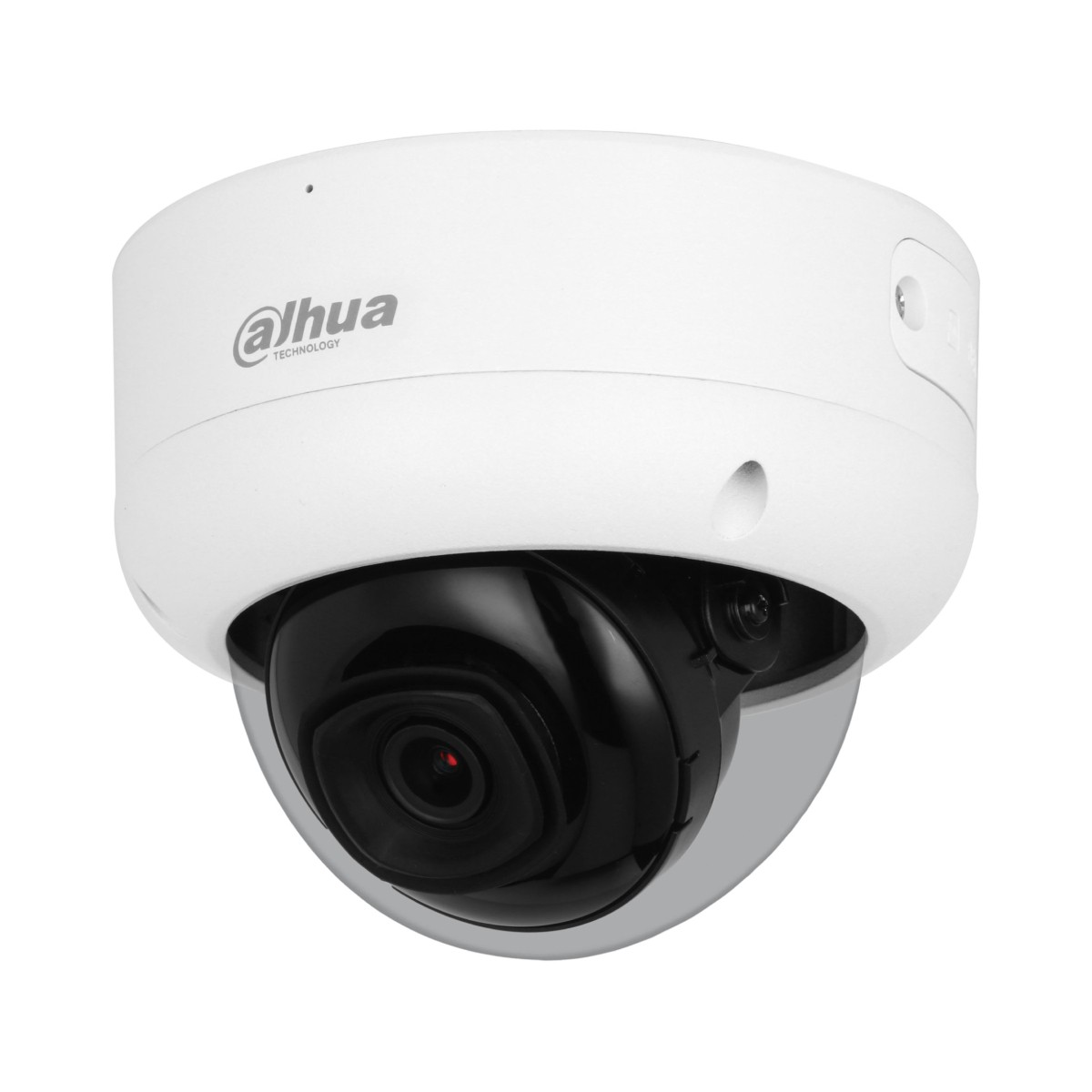 Telecamera di sicurezza a cupola bianca, cupola trasparente, lente nera, luce rossa. Sfondo bianco.