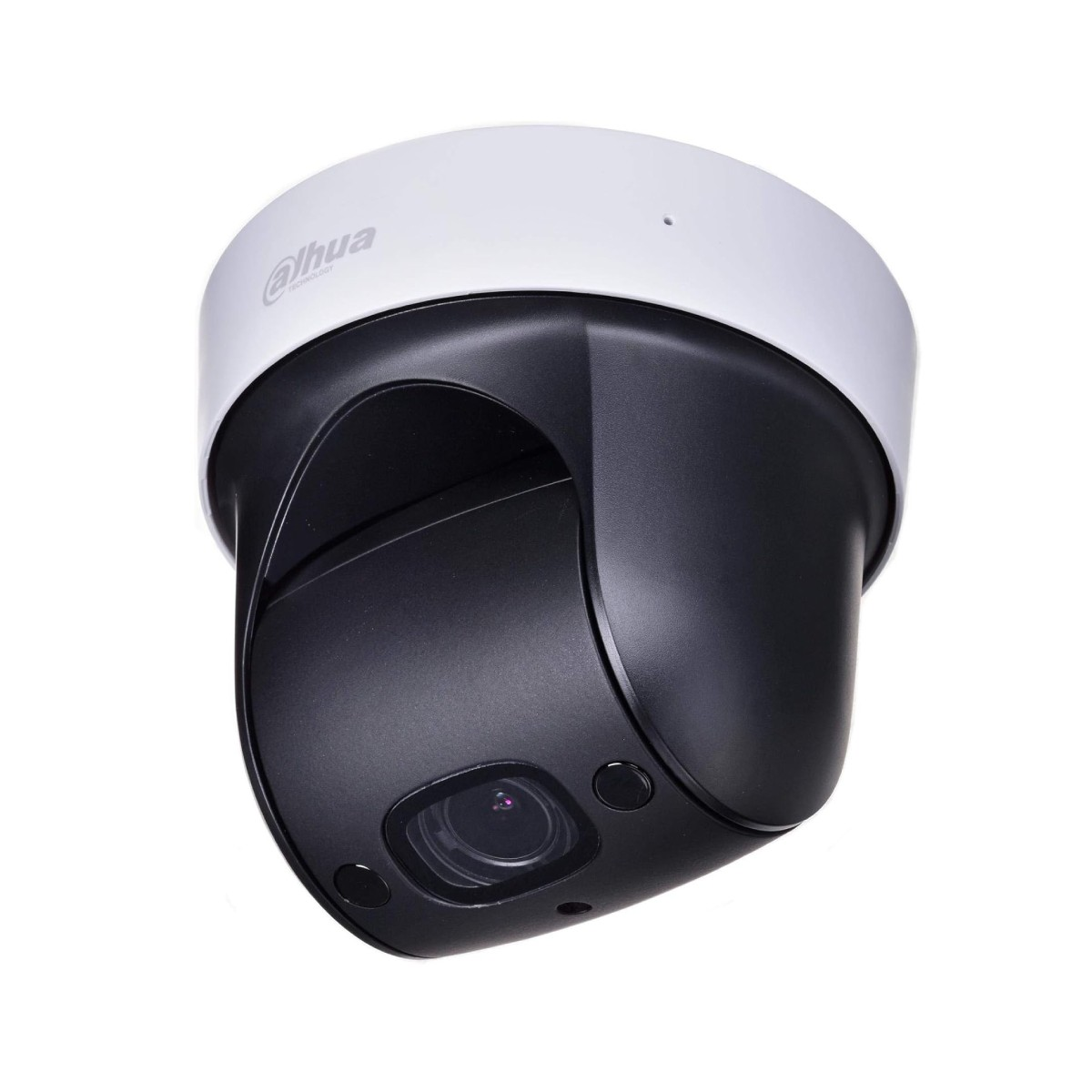 Biała kamera kopułkowa z czarnym obiektywem i logo. Białe tło.