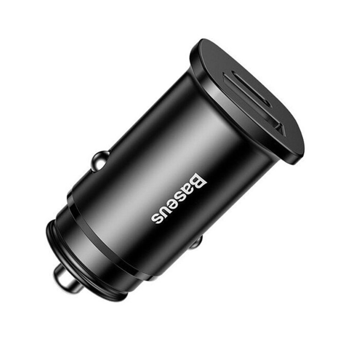 Czarna ładowarka samochodowa Baseus z portem USB, na białym tle.