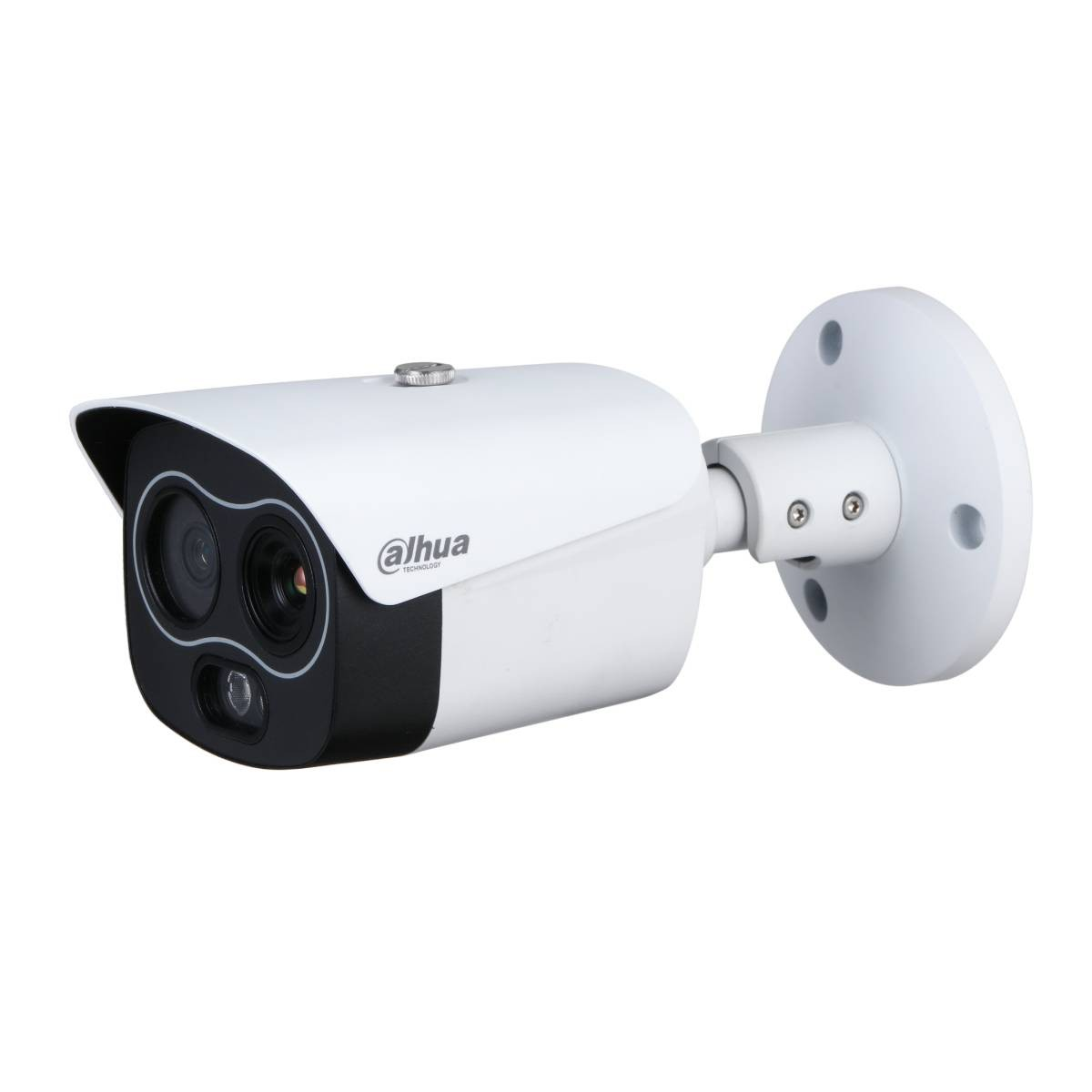 Telecamera di sicurezza bianca con design in bianco e nero e due lenti. Sfondo bianco.