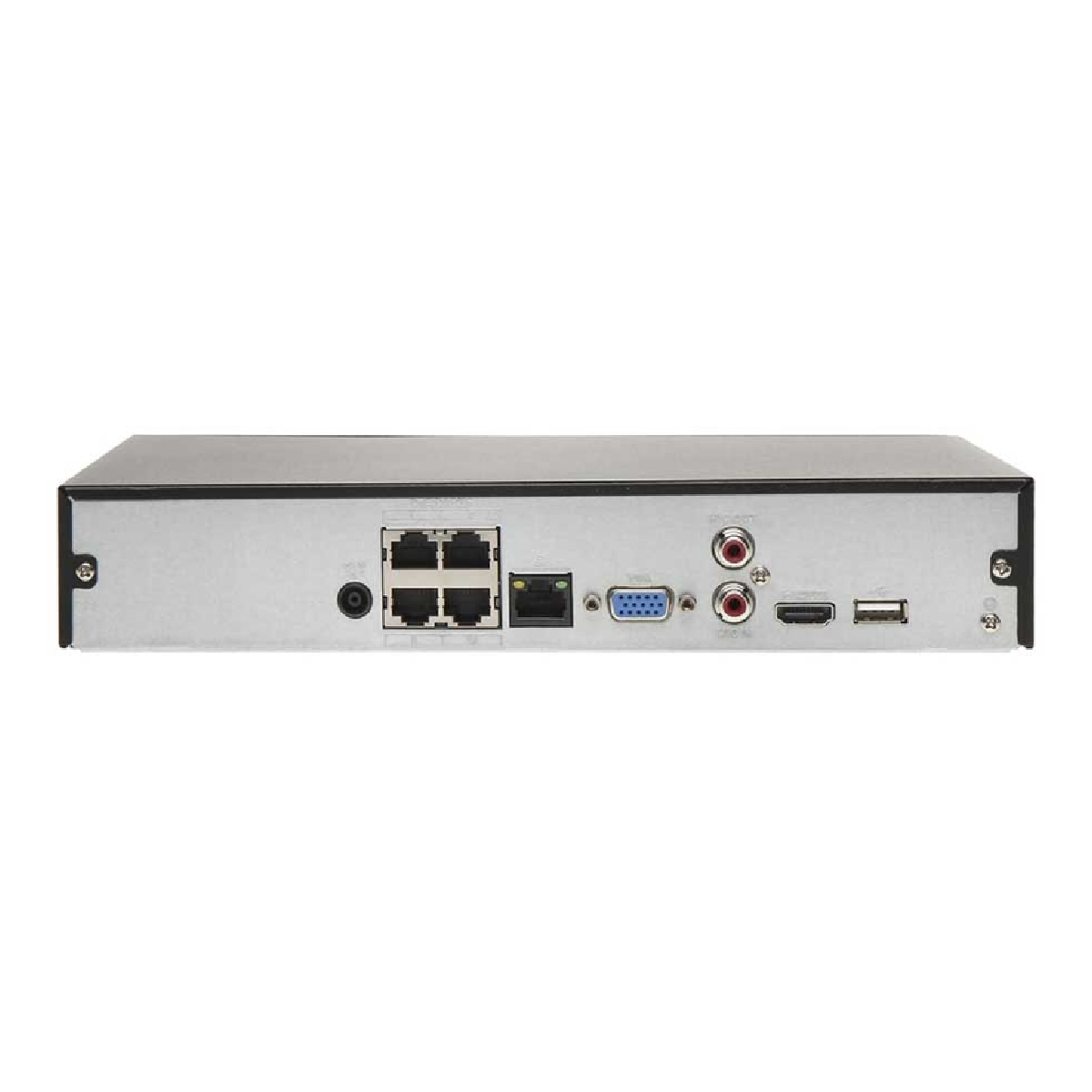 Schwarzes und silbernes DVR-Panel mit mehreren Anschlüssen und Schnittstellen.