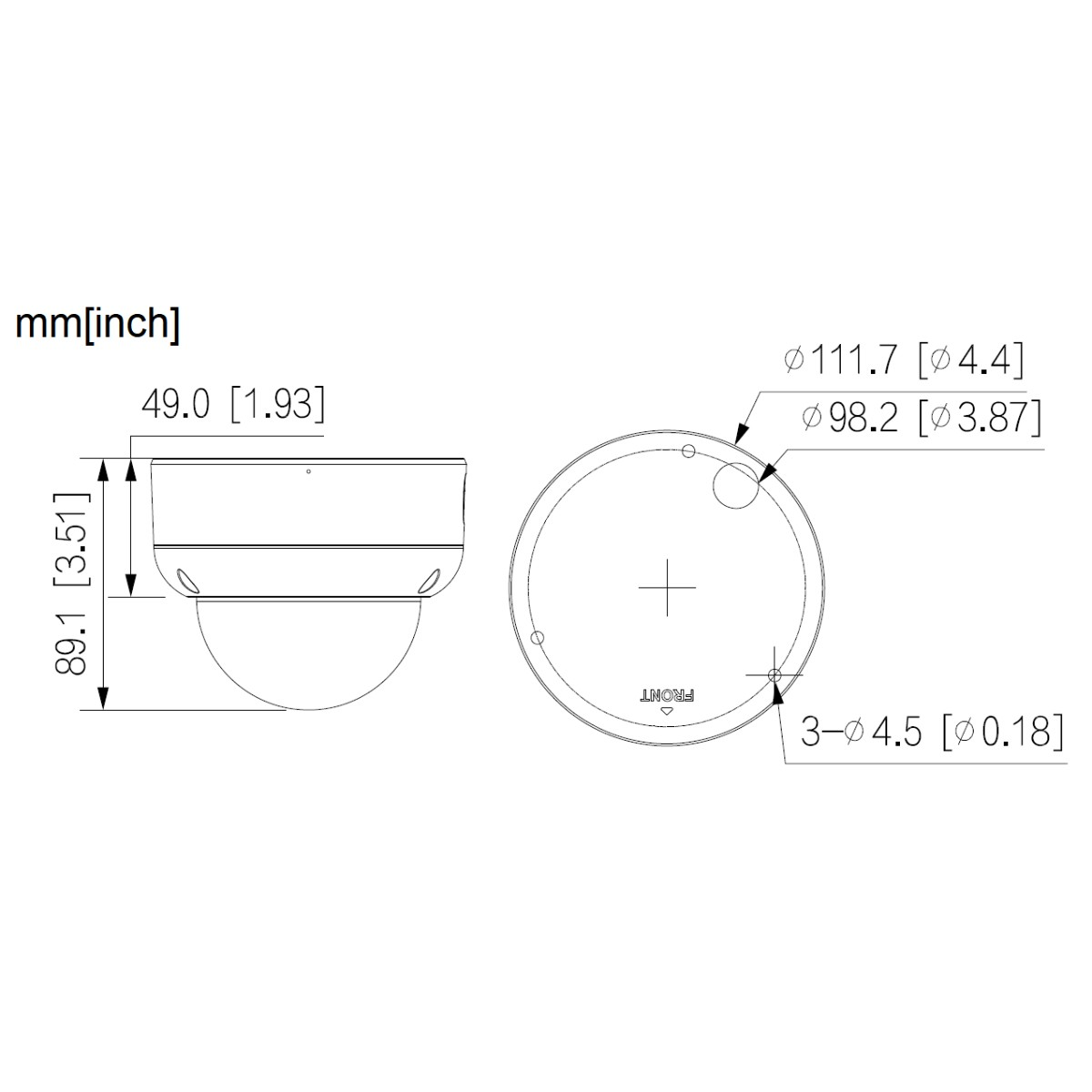 Disegno tecnico di una telecamera di sicurezza con misure in mm e pollici, viste laterale e superiore.
