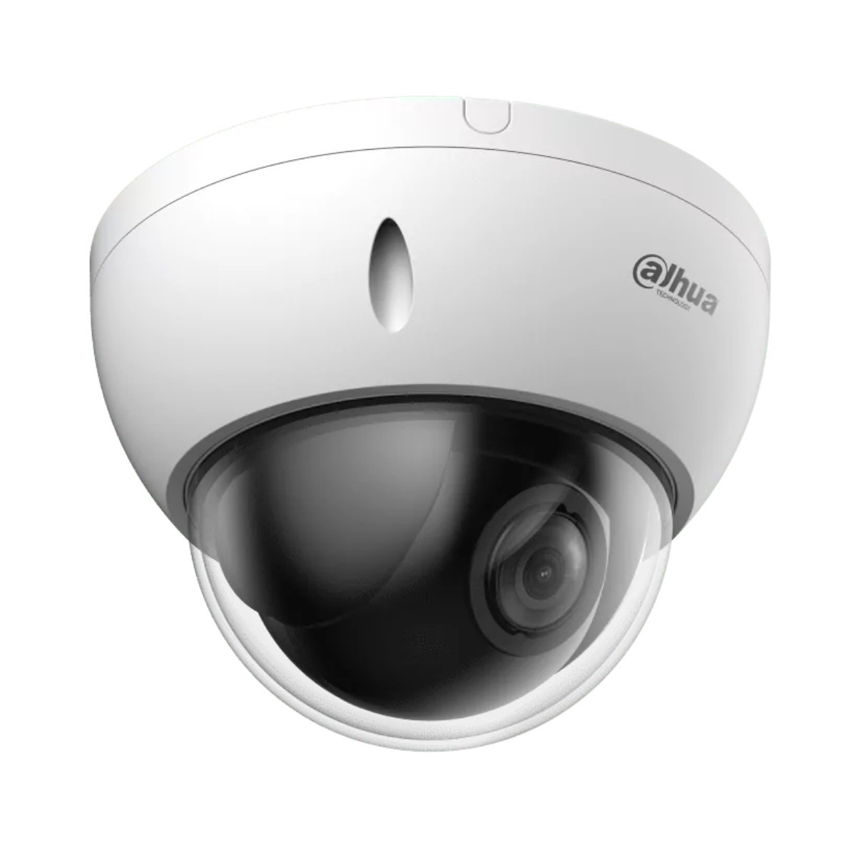 Witte Dahua dome beveiligingscamera met zwarte lens, close-up, focus op de camera.
