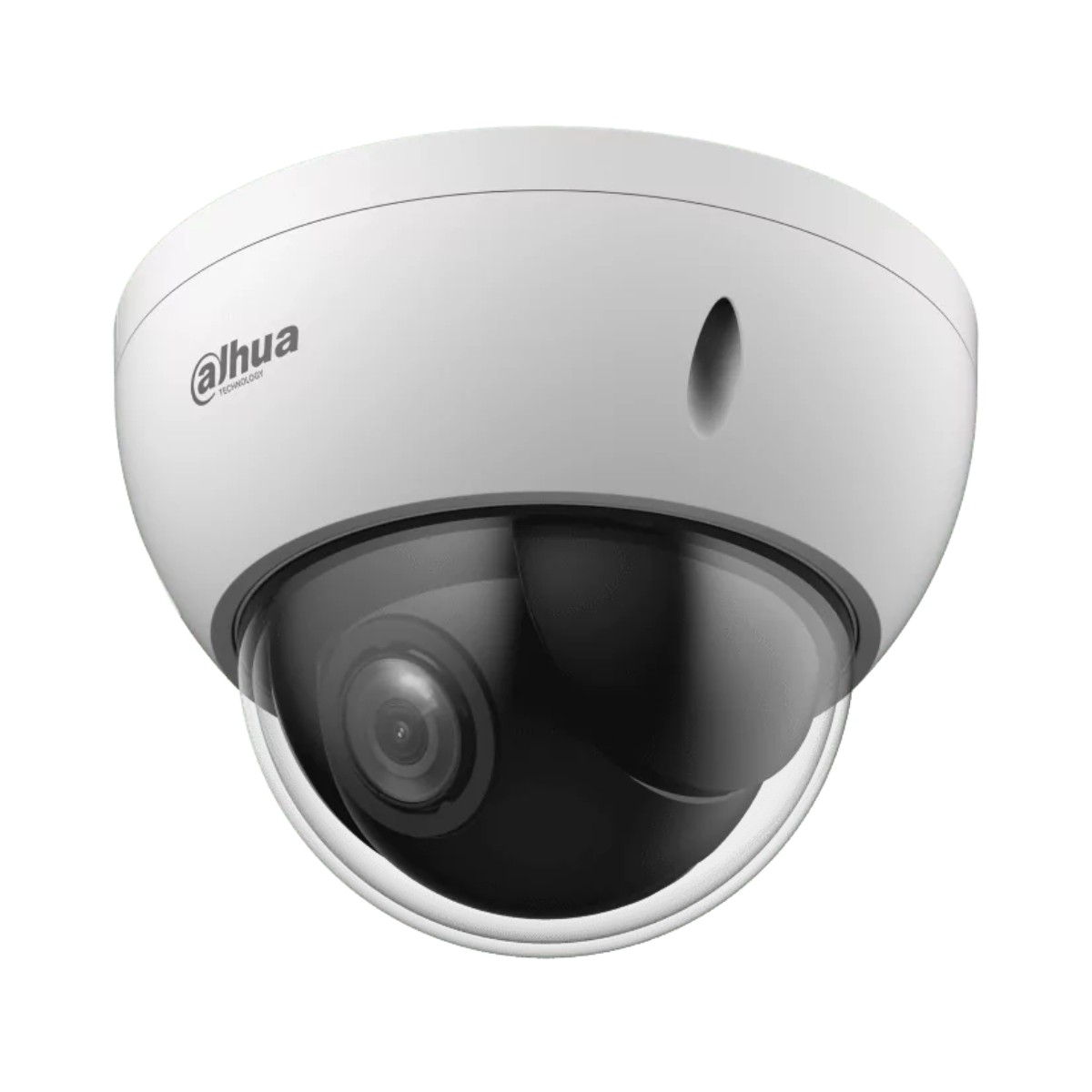 Witte Dahua dome beveiligingscamera met zwarte lens, semi-sferisch ontwerp, close-up view.