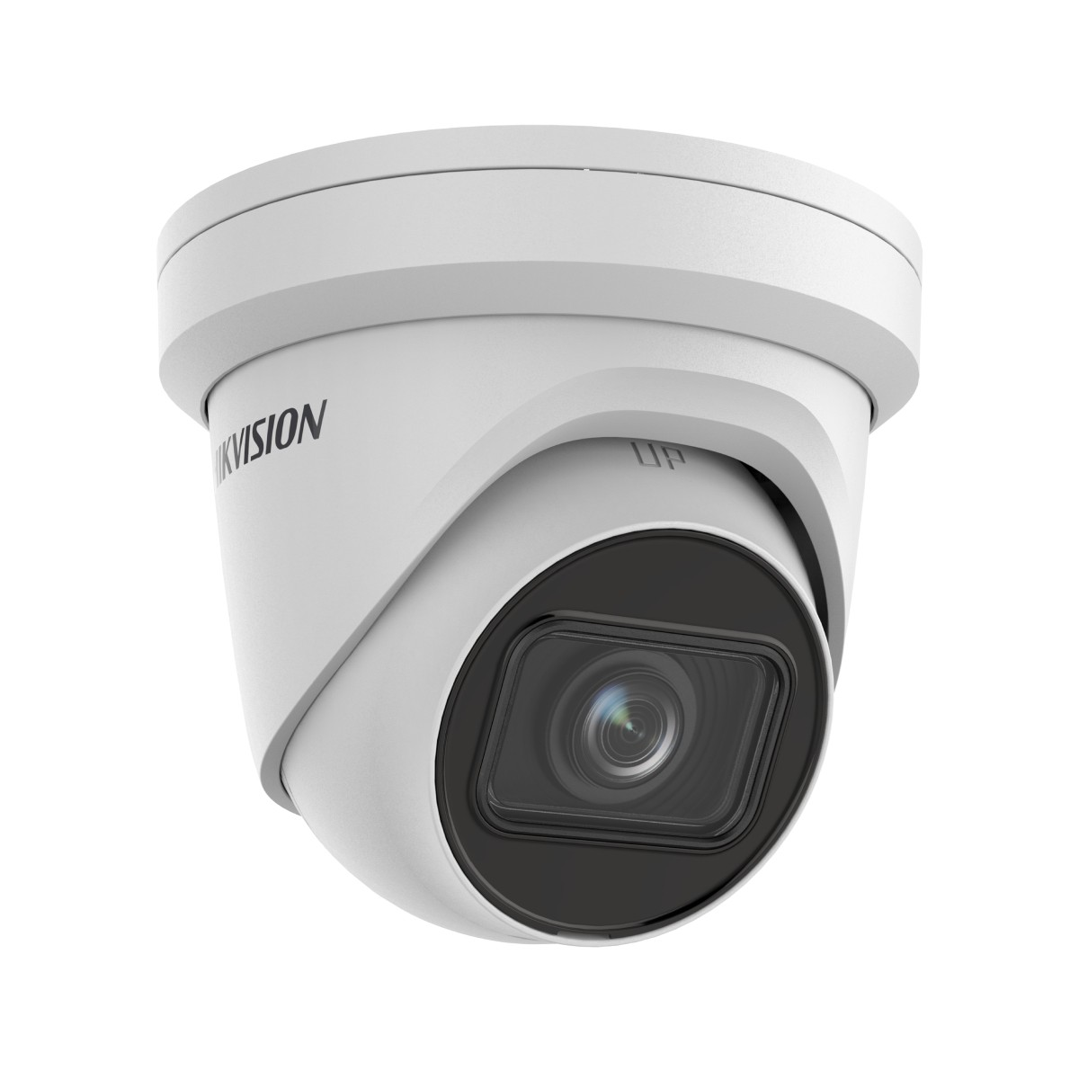 Telecamera di sicurezza a cupola bianca con obiettivo nero. Il marchio è visibile. Sfondo bianco.