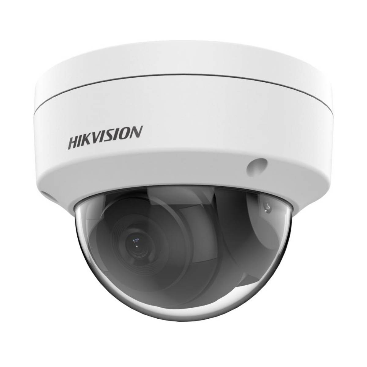 Witte dome beveiligingscamera met zwarte lens. De merknaam is zichtbaar. Witte achtergrond.