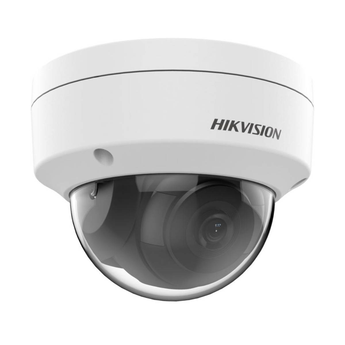 Witte Hikvision dome camera. Het heeft een transparante koepel met een lens en het merk erboven.