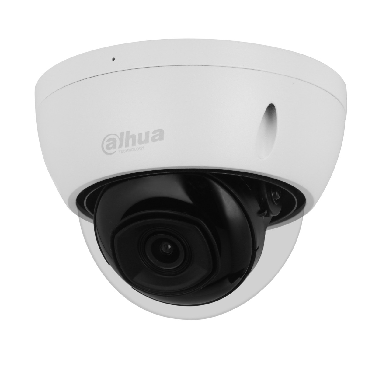 Telecamera di sicurezza a cupola bianca con obiettivo nero. Sfondo bianco.