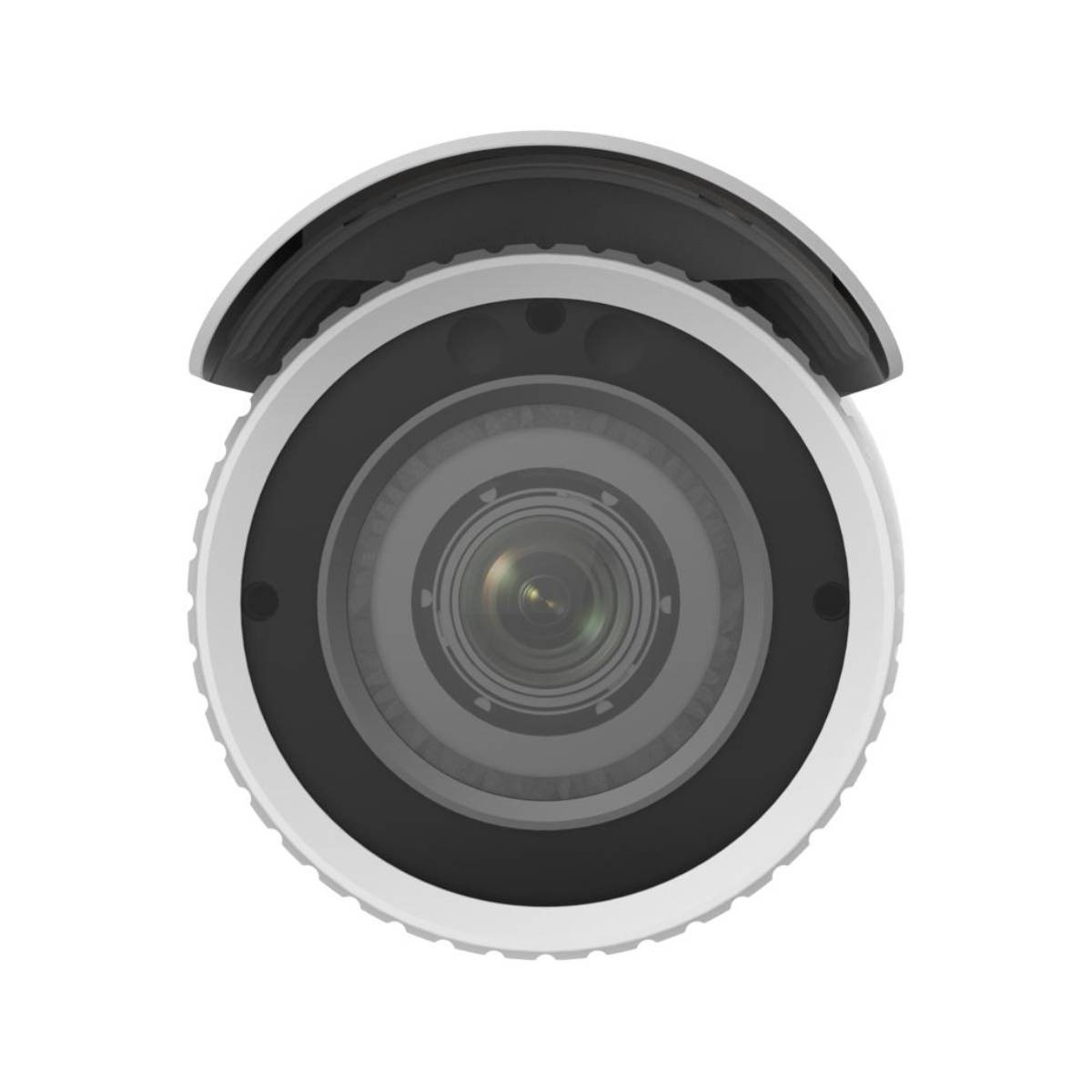 Zbliżenie obiektywu kamery bezpieczeństwa. Obiektyw jest czarny, a obudowa biała.