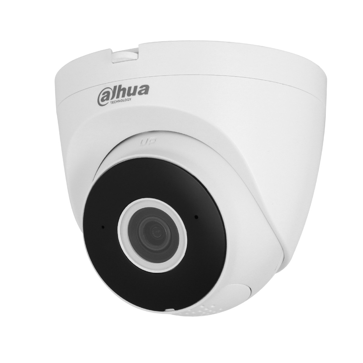 Telecamera di sicurezza Dahua bianca, a cupola, vista angolata. Lente nera e logo laterale.