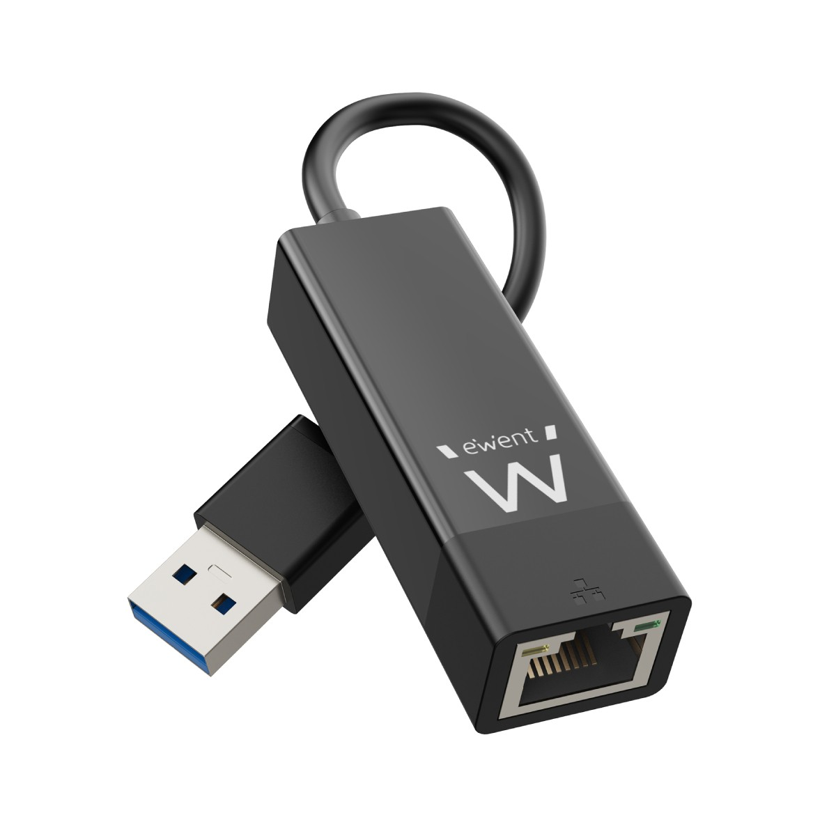 Czarny adapter USB na Ethernet. Czarny korpus, biały tekst 'ewent W', port RJ45 i złącze USB.