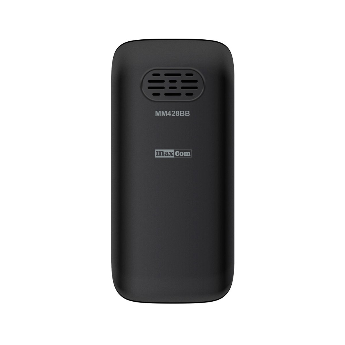 Cellulare nero Maxcom, la parte superiore ha l'altoparlante, il marchio è in basso.