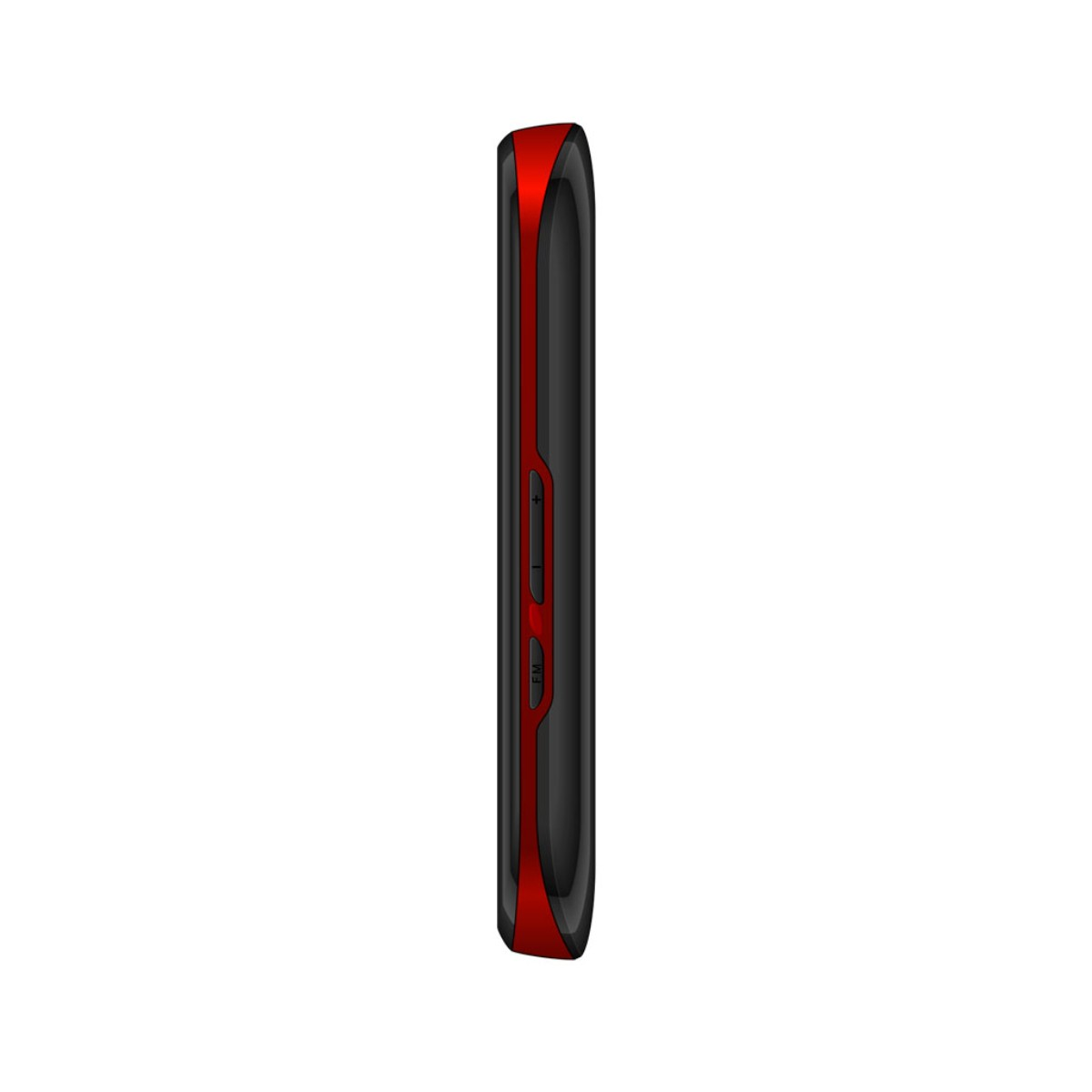 Vista laterale di un dispositivo nero e rosso. Il dispositivo ha un bordo nero e un lato rosso.