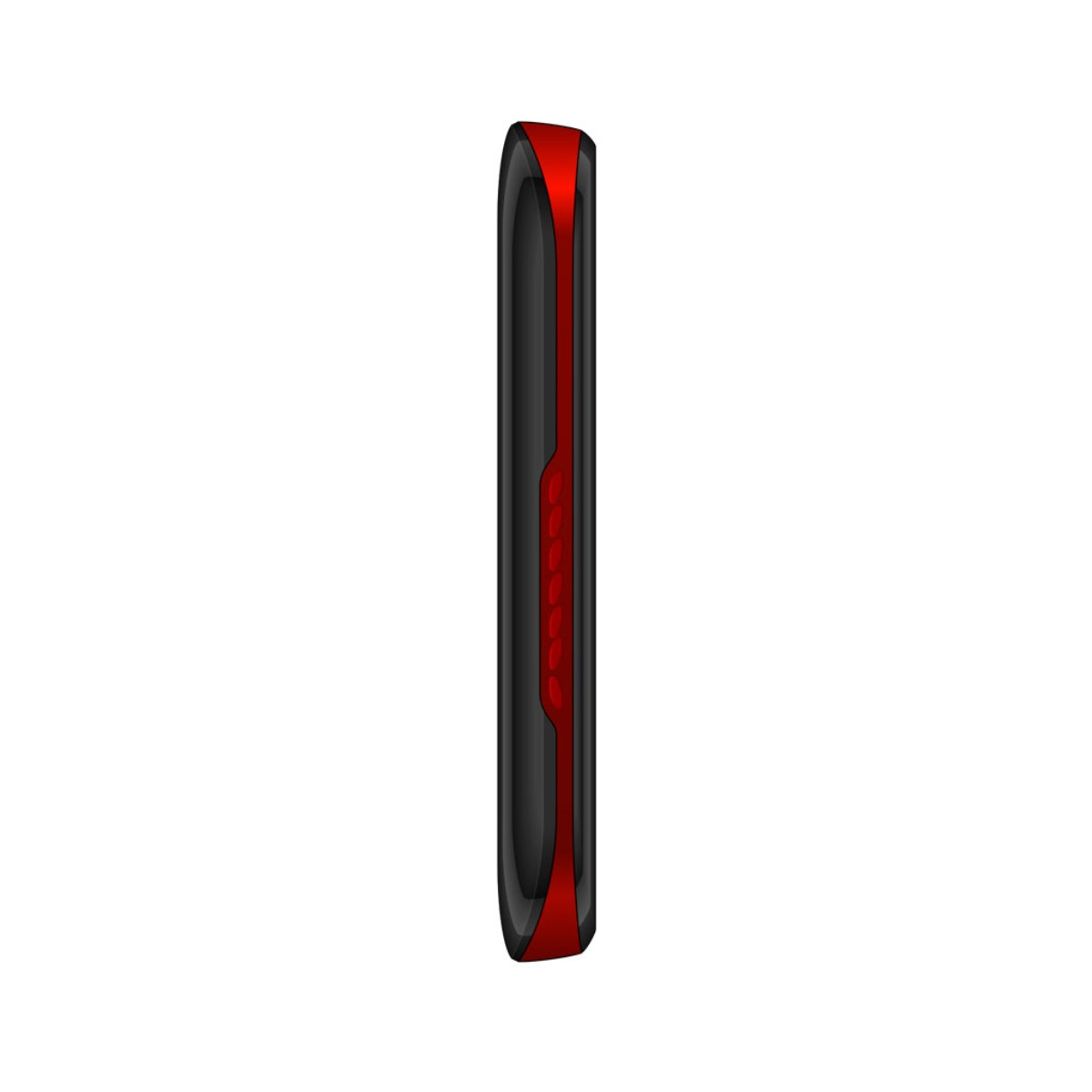 Vista laterale di un dispositivo nero e rosso. Il dispositivo ha un bordo nero e un lato rosso.