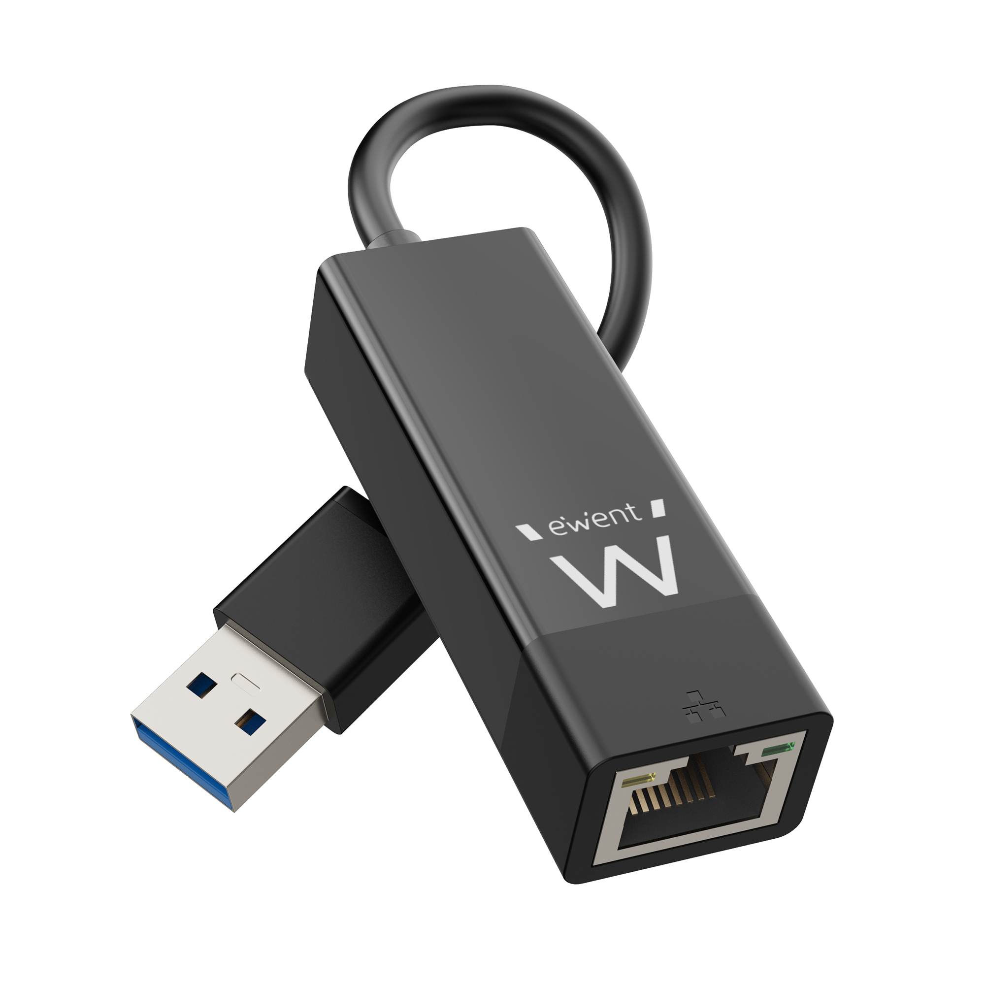 Czarny adapter USB na Ethernet. Czarny korpus, biały tekst 'ewent W', port RJ45 i złącze USB.