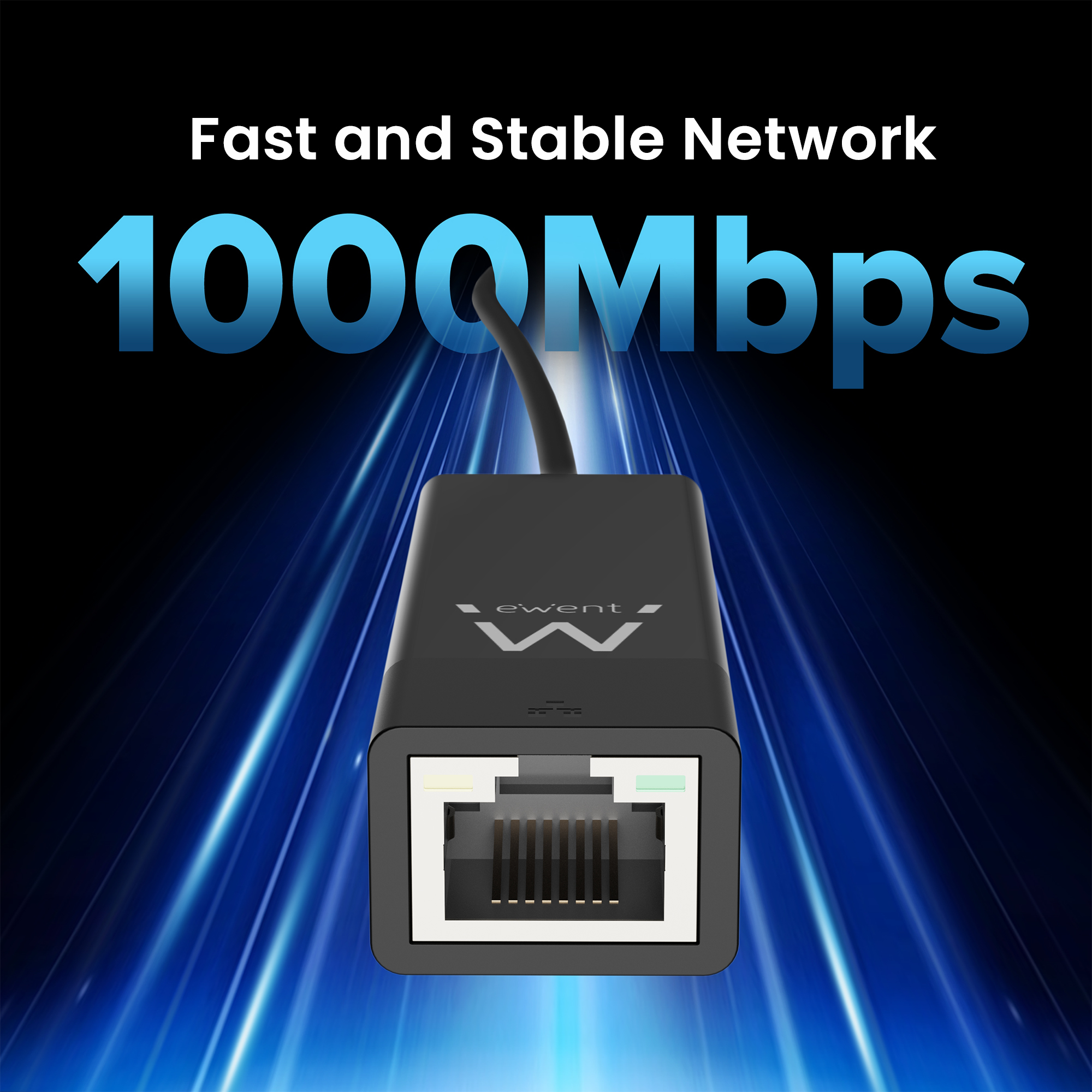 Czarny adapter sieciowy z tekstem 1000Mbps i niebieskimi smugami światła.