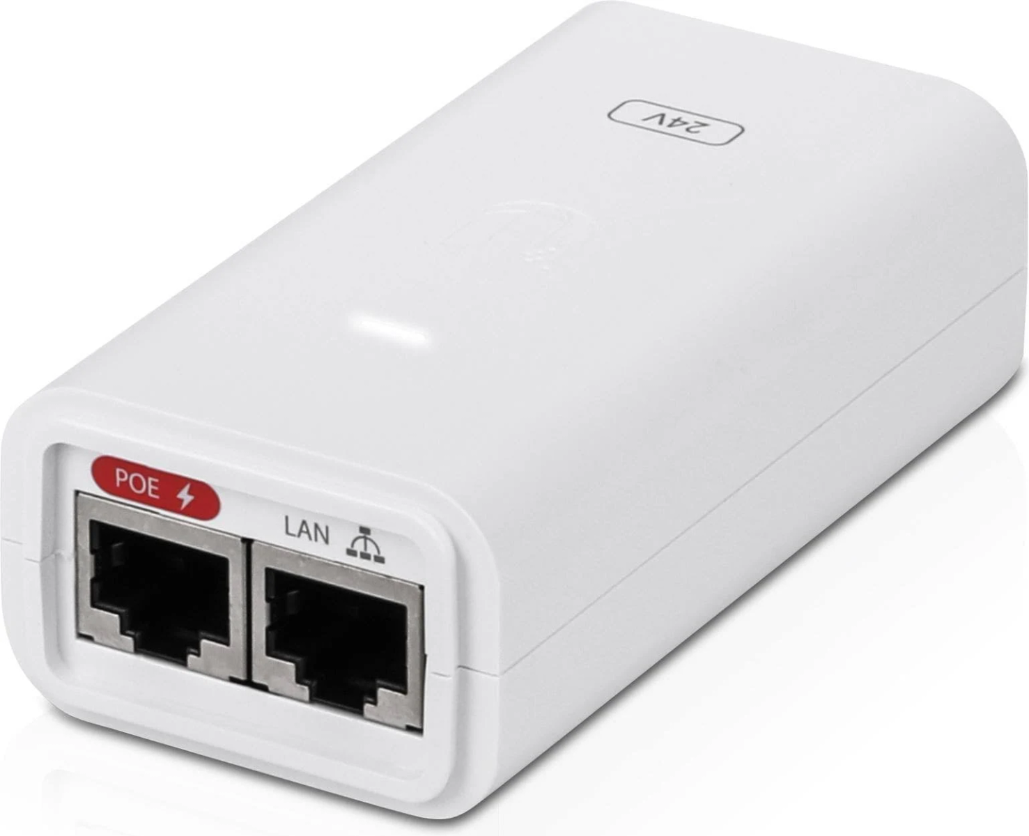 Biały prostokątny zasilacz z dwoma portami oznaczonymi POE i LAN. Widok pod kątem, na białym tle.