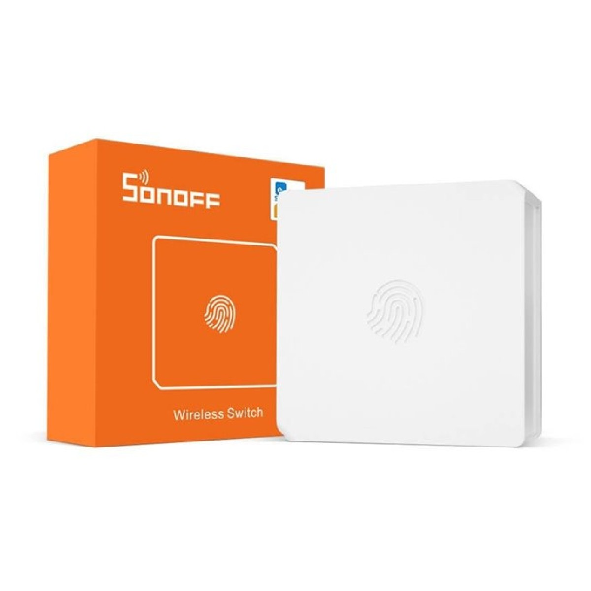 Białe kwadratowe urządzenie z symbolem odcisku palca obok pomarańczowego pudełka. Izolowane na białym tle.