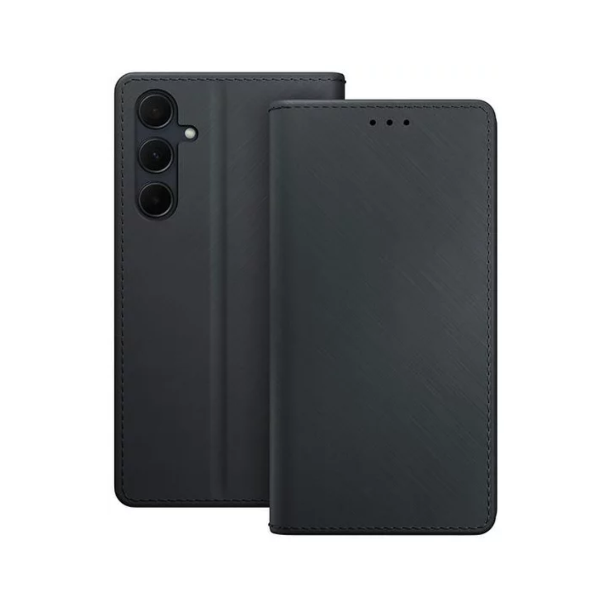 Dwa czarne etui na telefon, jedno zamknięte, drugie otwarte, pokazujące telefon.