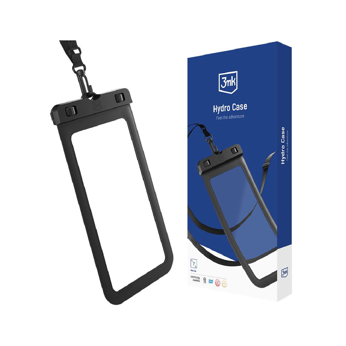 Czarny, wodoodporny futerał na telefon z pudełkiem. Etui posiada smycz.