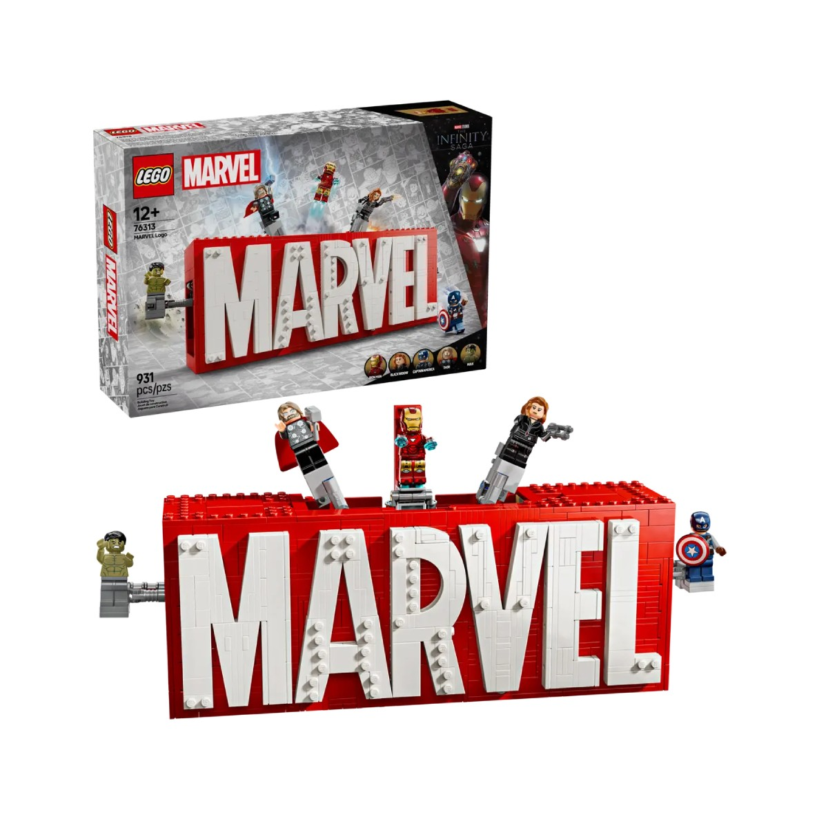 Lego Marvel-Set mit einem MARVEL-Schild und Figuren: Iron Man, Captain America usw.