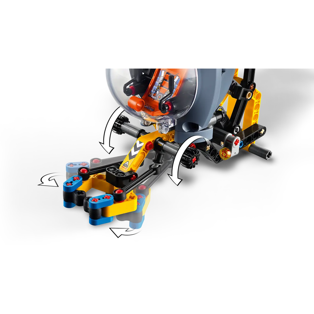Lego łódź podwodna, pokazująca mechanizm ruchu nogi, ze strzałkami wskazującymi kierunki.