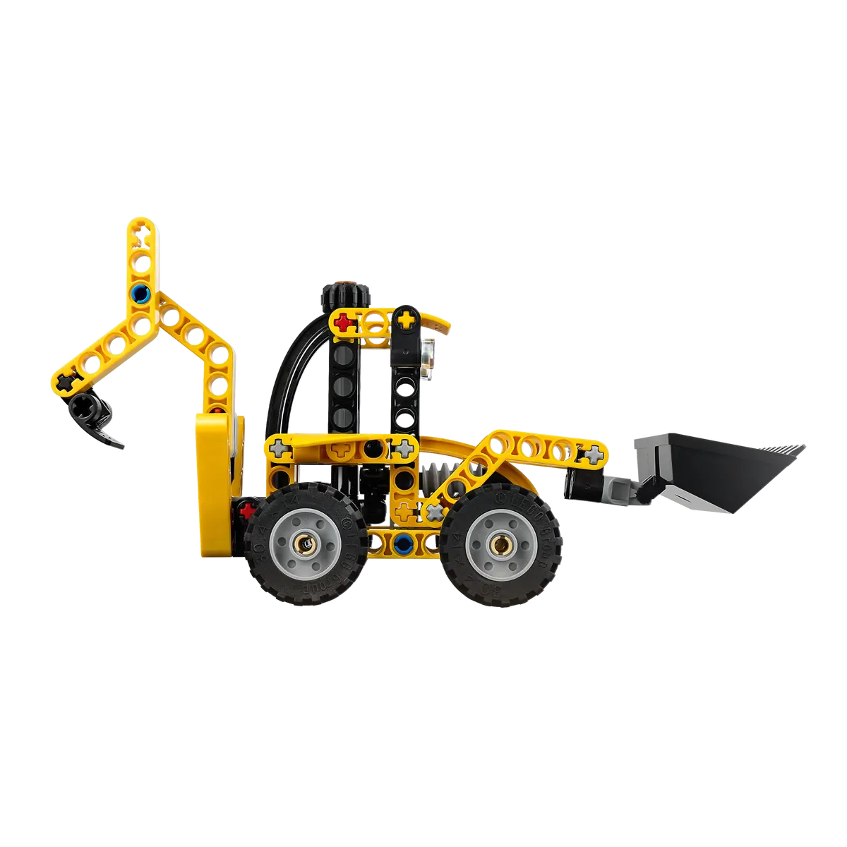 Beyaz zemin üzerinde siyah kepçe ve tekerlekleri olan sarı Lego buldozeri. Yan görünüm.