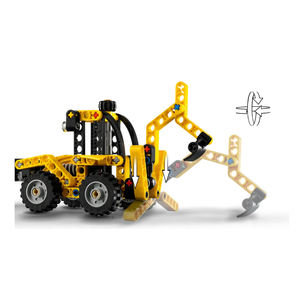 Sarı Lego buldozer, siyah kepçe, kol ve kepçenin hareketlerini gösteriyor.