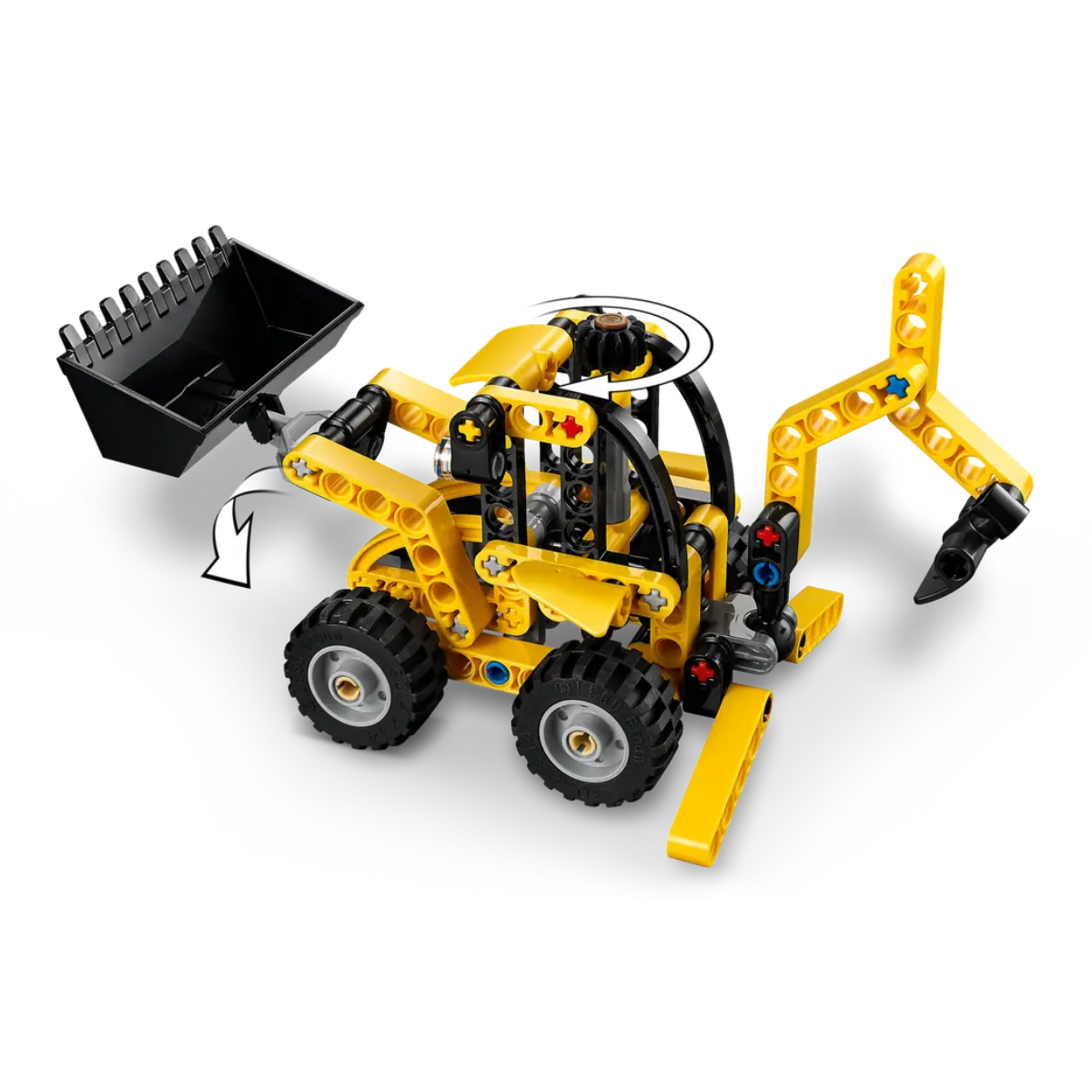 Sarı Lego buldozer, siyah kepçenin eğilme ve hareketini sergiliyor.