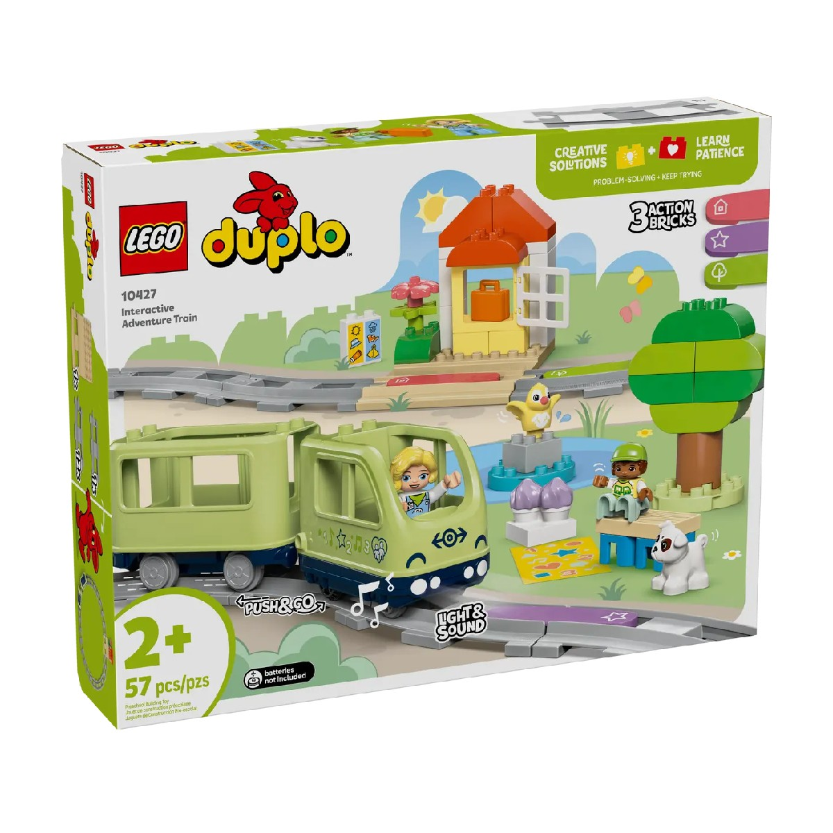 Pudełko zestawu Lego Duplo. Pokazuje scenę z pociągiem, postaciami i drzewem.